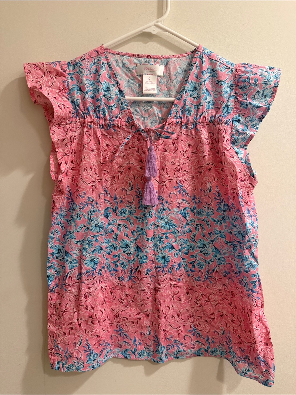 Women's Pink Floral Tie-Front Tassel Blouse